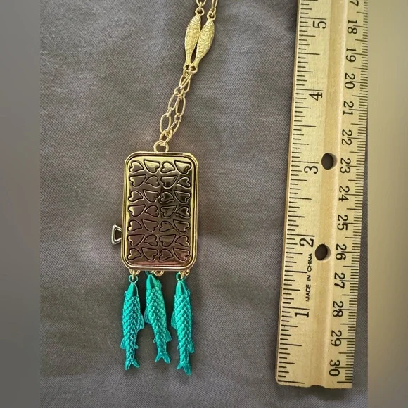 Betsey Johnson Betsey’s Sardines red can Jewels Rhinestone Fish Pendant Necklace - Picture 2 of 6